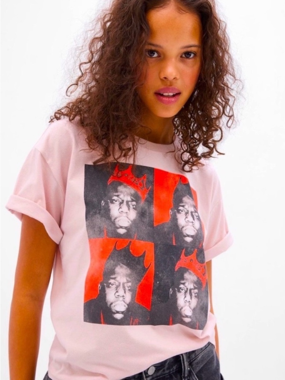 GAP Pink Tee with Red & Black Notorious BIG Biggie Pop Portrait Graphic Large